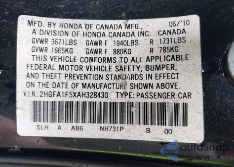 2010 Honda Civic Lx from USA, damaged, VIN 2HGFA1F5XAH328430
